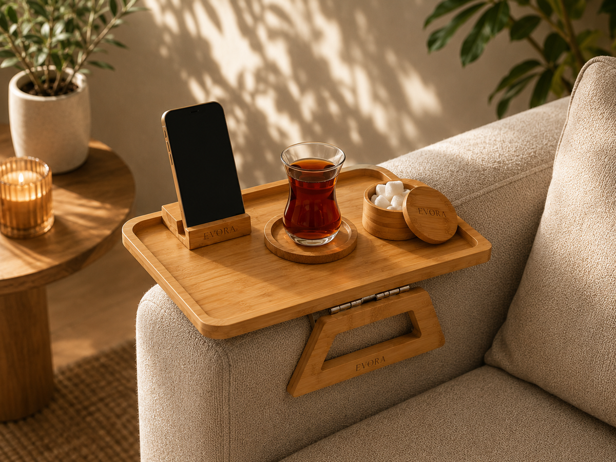 Evore™ Bambu Dikdörtgen Koltuk Kenarı Sehpası | Devrilmeyen Koltuk Kol Sehpası