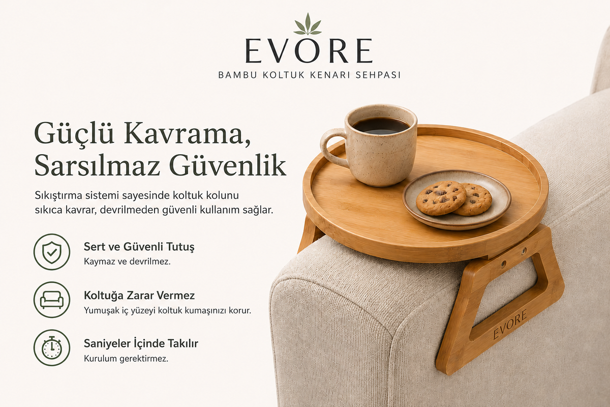 Evore™ Bambu Koltuk Kenarı Sehpası | Devrilmeyen Koltuk Kol Sehpası