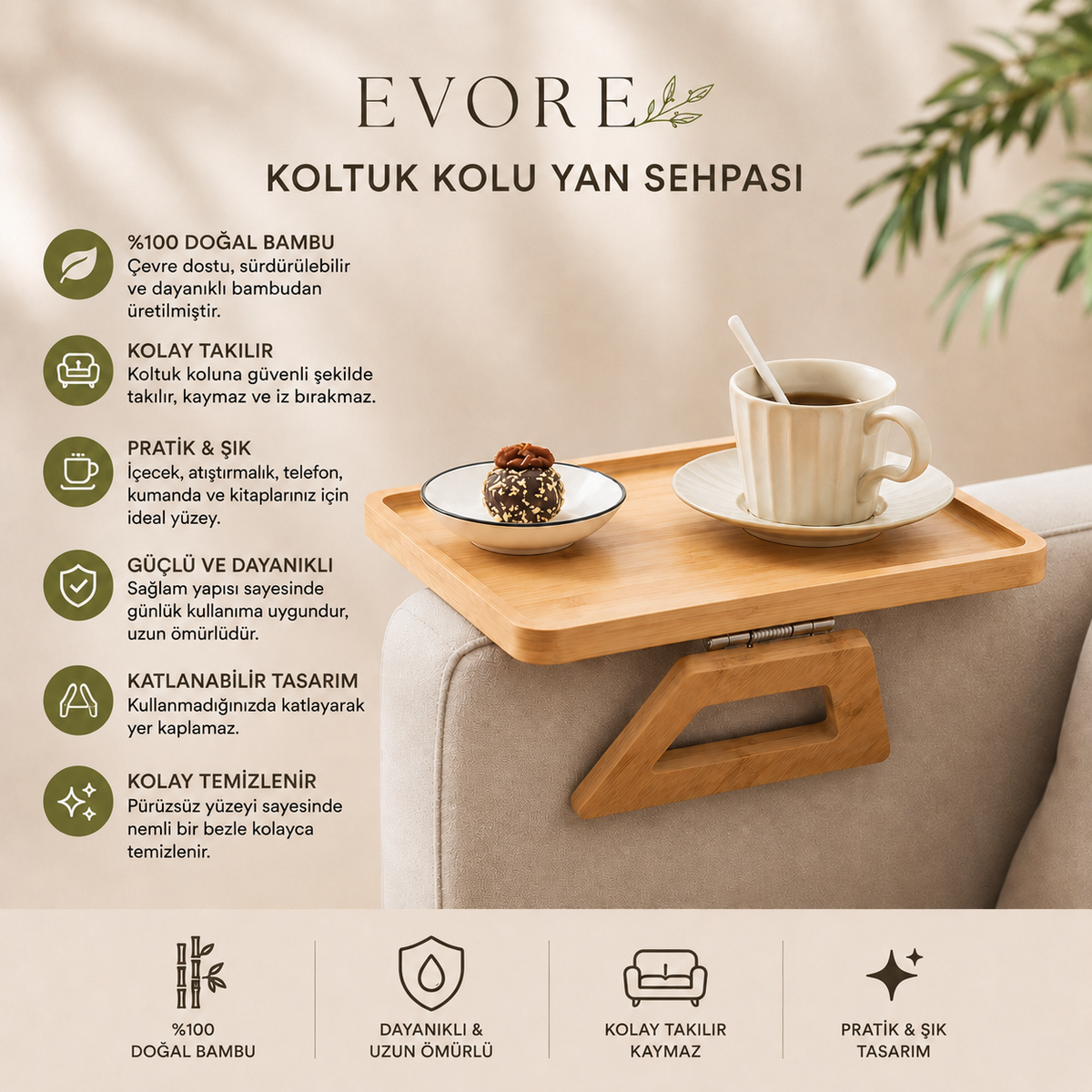 Evore™ Bambu Dikdörtgen Koltuk Kenarı Sehpası | Devrilmeyen Koltuk Kol Sehpası